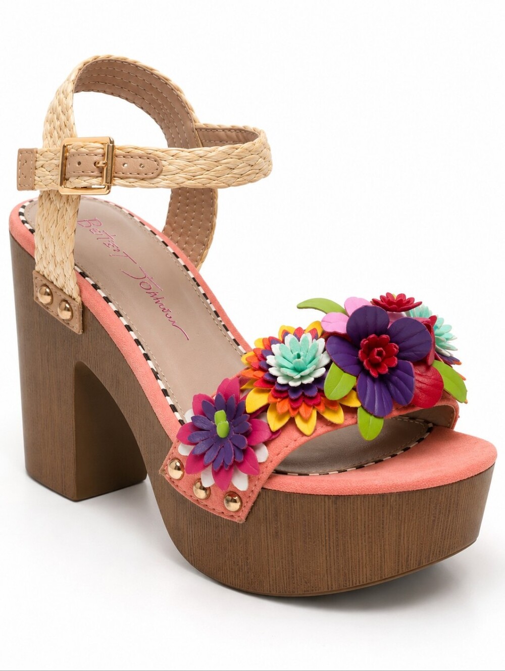 Betsey Johnson Coral Platform Sandals with Multicolor Floral Appliqués